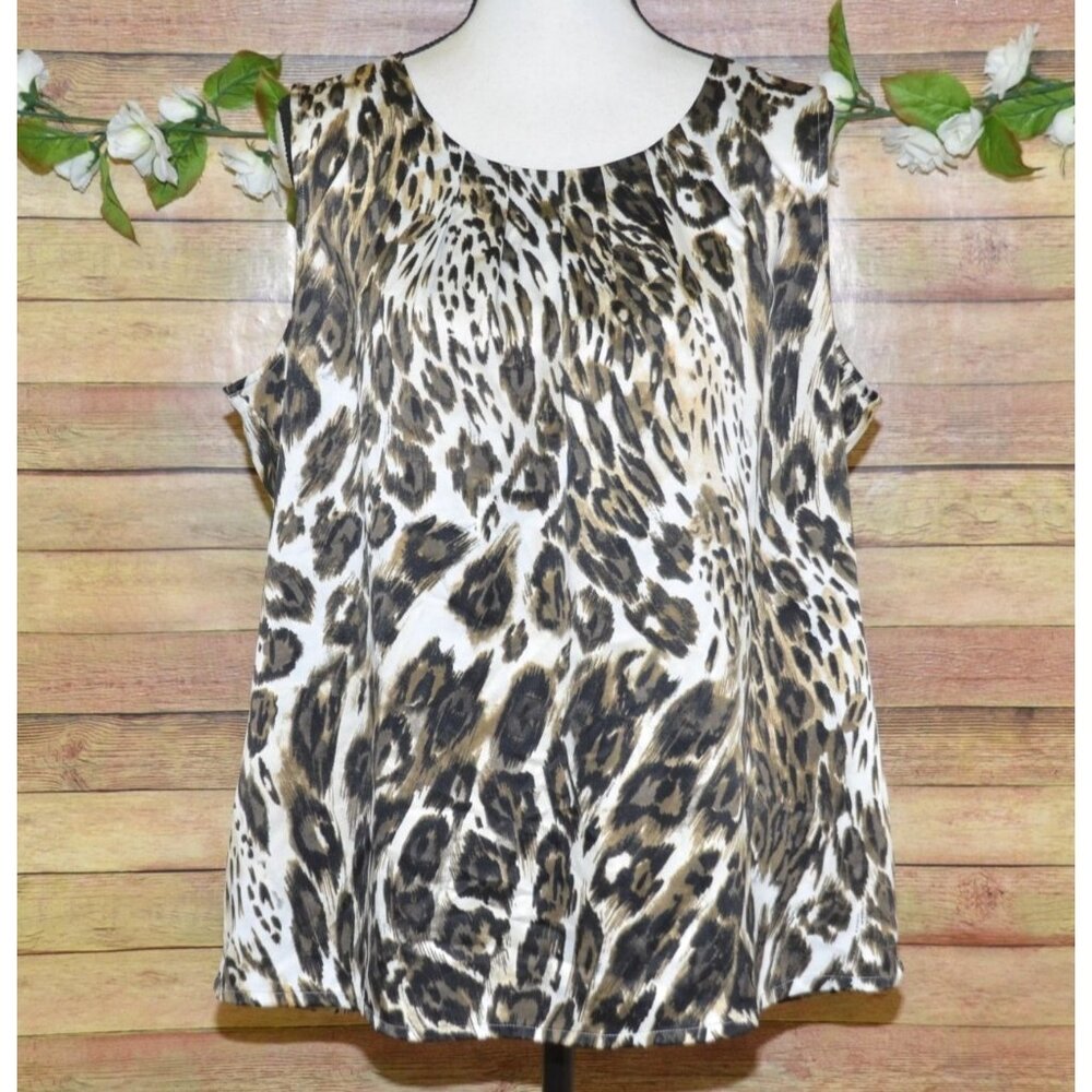Chico's 3 Ladies XL 16 Brown Mixed Animal Print Sleeveless Blouse Pleated Collar